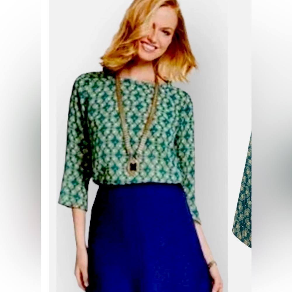 Cabi green Jade Leaf # 3069 green & ivory blouse small 3/4 sleeve polyester EUC